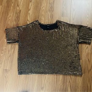 H&M   Sequins Sparkly Mesh Top  Women’s Size Medium Gold Black Short Sleeves